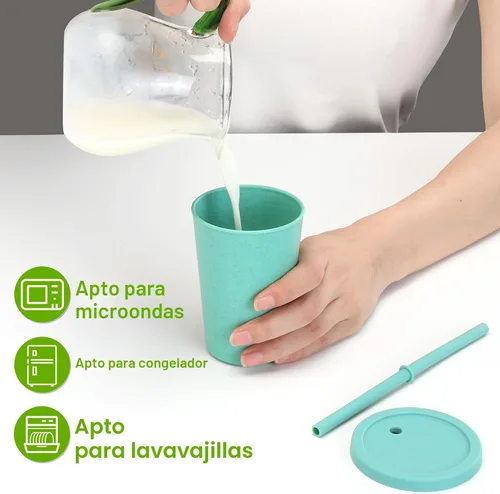 Miniatura 3 de Mfacoy Paquete de 4 vasos de paja de trigo con tapa y pajitas, vaso irrompible de 10 onzas para niños, vasos reutilizables para beber, vaso pequeño