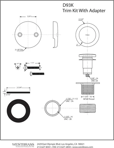 Miniatura 5 de Westbrass D93K-62 Tapón de drenaje de punta de bañera de repuesto de rosca fina o gruesa con placa frontal de 2 agujeros, negro mate Mate negro