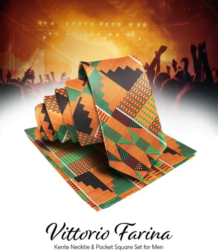 Miniatura 28 de Juego de corbata Kente con estampado africano y animal y pañuelo de bolsillo a juego