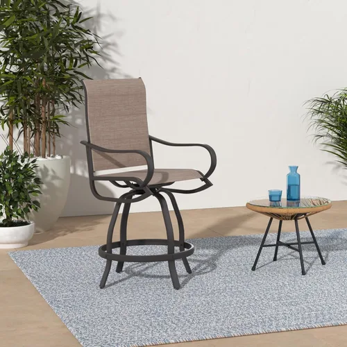 Miniatura 2 de PHI VILLA Juego de 2 taburetes de bar giratorios para exteriores, sillas de patio de altura de mostrador con tela textil impermeable, marrón, marco