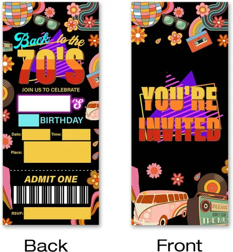 Miniatura 2 de brayqu Invitaciones de Fiesta de Cumpleaños de Regreso a los 70 Invitaciones Tipo Boleto Temáticas Retro de los 70 para Rellenar