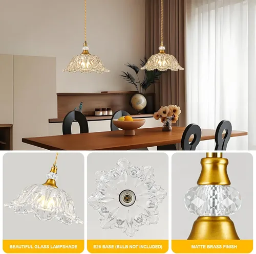 Miniatura 3 de 1 pieza de lámpara de araña vintage con pantalla de vidrio de cristal, lámpara colgante de acabado en latón mate para isla de cocina, lámpara