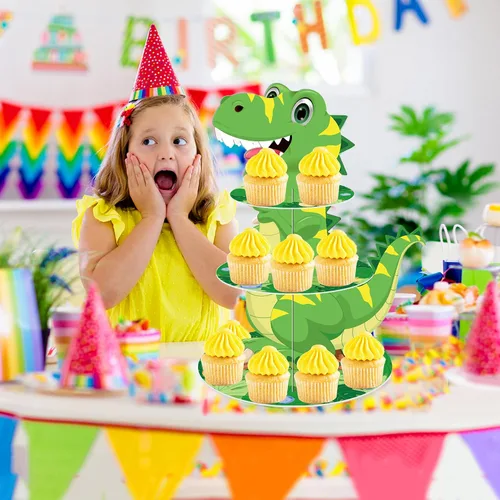 Miniatura 5 de Soporte de 3 niveles para cupcakes de dinosaurio, decoración de fiesta, soporte para cupcakes de dinosaurio de Anberky con forma de dinosaurio