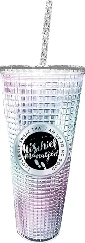 Spoontiques - Vaso texturizado de diamantes y con pajilla, aislamiento de doble pared y sin BPA, 20 onzas, travesura realizada (Mischief Managed)