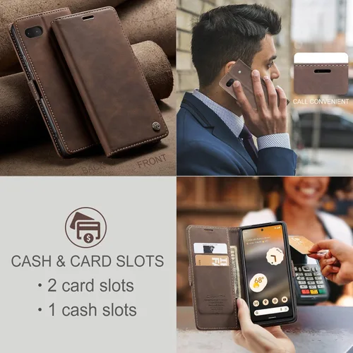 Miniatura 5 de Kowauri Funda para Google Pixel 6A, diseño clásico de piel con cierre magnético, con ranura para tarjetero, a prueba de golpes, funda protectora Café
