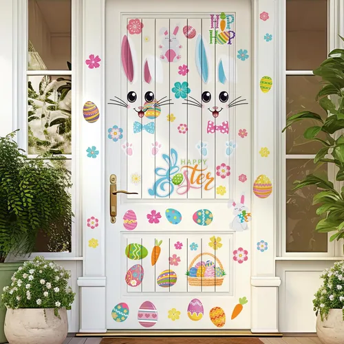 Miniatura 5 de Kajaia 4 piezas Adhesivos de puerta de Pascua felices Adhesivos de refrigerador Huevo de Pascua Flor de Pascua Conejo de Pascua Adhesivos de pared