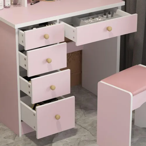 Miniatura 5 de Escritorio de tocador con espejo y luces, tocador de maquillaje con luces y cajones, tocador con espejo y estantes, taburete acolchado, rosa 31.5