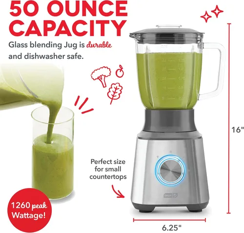 Miniatura 5 de Dash Quest Blender - Batidora de cocina de 600 W con jarra de vidrio de 1.5 litros, cuchillas de acero inoxidable, 3 velocidades + pulso