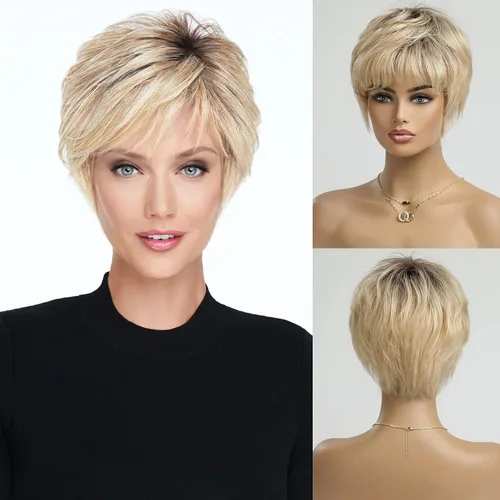 Miniatura 12 de HAIRCUBE Pelucas rubias de corte Pixie para mujer, estilo ondulado natural, peluca de encaje sintético resistente al calor con parte superior