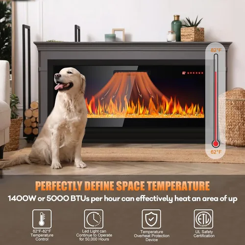 Miniatura 3 de Chimenea eléctrica, 50 pulgadas, empotrada y montada en la pared, calentador eléctrico de 1400 W con controles remotos, 16 colores de llama