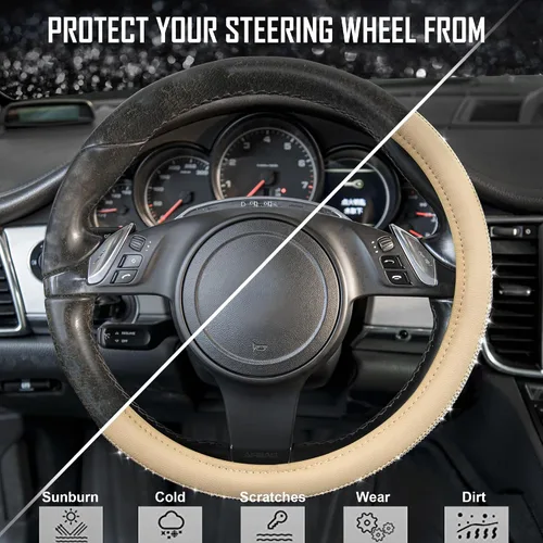 Miniatura 8 de CAR PASS Funda para volante de cuero beige con diamantes brillantes, cristales blancos brillantes con purpurina y pedrería, ajuste universal de 14