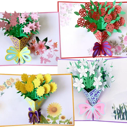 Tarjetas emergentes de flores 3D, tarjeta de felicitación de flores con sobres para todas las ocasiones, 4 tarjetas de flores surtidas para Acción