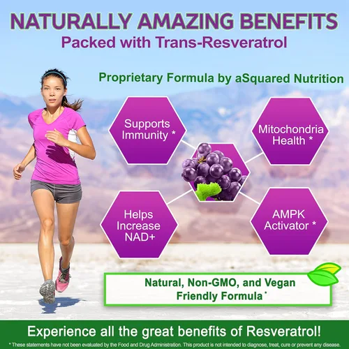Miniatura 3 de aSquared Nutrition Resveratrol natural con extracto de vino tinto - 180 cápsulas - Pastillas de suplemento antioxidante de trans resveratrol