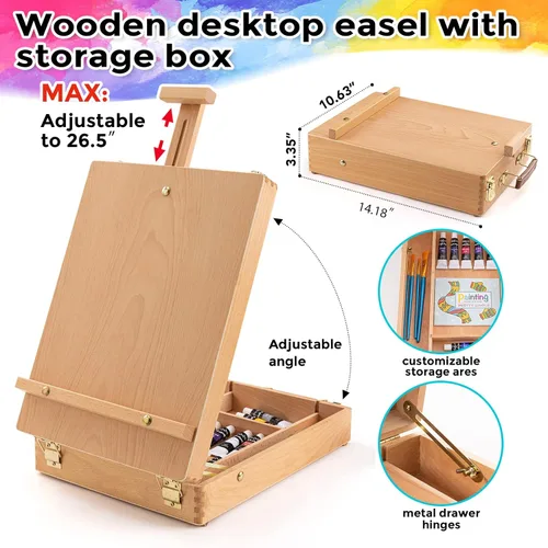 Miniatura 3 de Inburit Juego de Pintura de Arte con Caja de Caballete de Madera, 24 Colores de Pinturas Acrílicas, 8 Pinceles, 6 Paneles de Lienzo Kit de 54