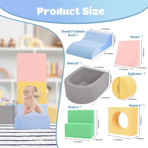 Miniatura 3 de CAMELUS Juguetes de escalada para niños de 1 año, bloques de espuma para bebés con piscina de pelotas para niños pequeños, juego de 6 piezas