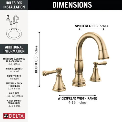 Miniatura 3 de Delta Faucet Cassidy - Grifo de baño extraíble hacia abajo, grifo de baño extraíble hacia afuera, grifo de baño dorado de instalación extendida de 3