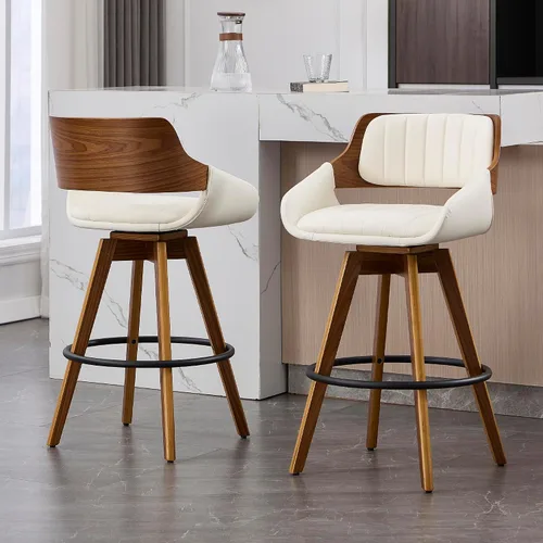 VipDesk Juego de 2 taburetes de bar giratorios, taburetes de bar de altura de mostrador de nogal con respaldo y brazos, sillas de bar tapizadas de