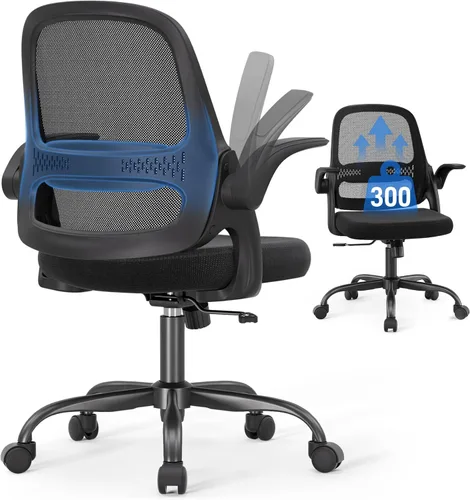 Silla de oficina ergonómica de malla para oficina en casa, brazos abatibles, respaldo de malla transpirable y cojín de asiento grueso, silla de Negro