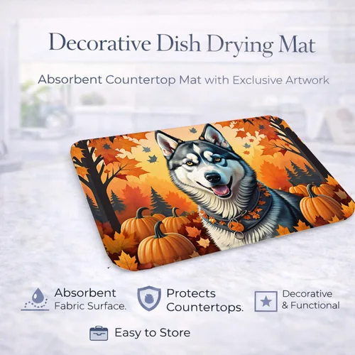 Miniatura 4 de Caroline's Treasures DAC1074DDM - Tapete de secado de platos de otoño siberiano Husky absorbente, tapete para secar platos para encimera de cocina