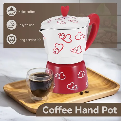 Miniatura 4 de HERCHR Red Heart - Olla de aluminio para moka, cafetera de café expreso con mango ergonómico antideslizante para verter sobre la cafetera