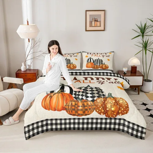 Miniatura 30 de Castle Fairy Juego de edredón de otoño con temática de Acción de Gracias, tamaño individual, juego de ropa de cama de calabaza, girasol, pavo