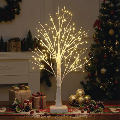 Árboles iluminados para decoración interior con temporizador, lámpara de mesa de 2 pies de alto con 144 LED de color blanco para árbol de abedul