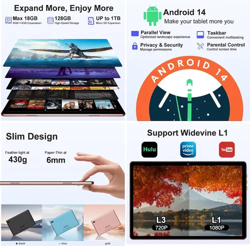 Miniatura 3 de DMOAO Tableta, tabletas de 10.1 pulgadas, tableta Android 14 con 18 GB de RAM+128 GB de ROM/1TB Expand, CPU Octa-Core 1.8GHz, batería de 6000 mAh