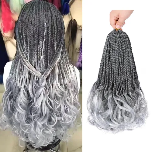 Miniatura 63 de Trenzas de ganchillo rizadas francesas de 22 pulgadas, 8 paquetes, trenzas de caja diosa grises para mujeres, de ganchillo pre-trenzadas con Trenzas