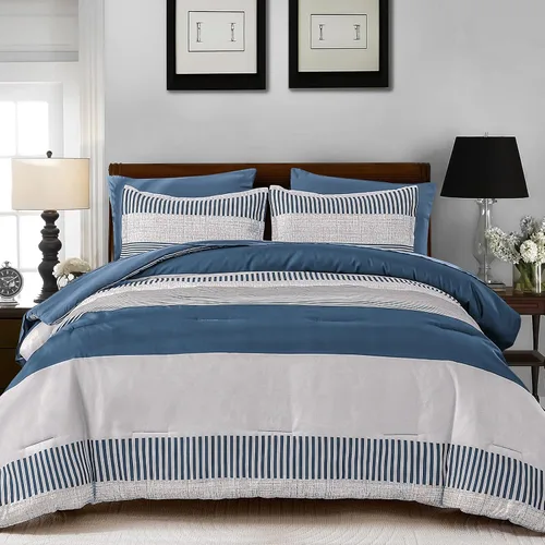 Miniatura 15 de Juego de edredón azul tamaño individual, edredón clásico a rayas para niños y niñas, juego de cama de 5 piezas en una bolsa, juego de ropa de cama
