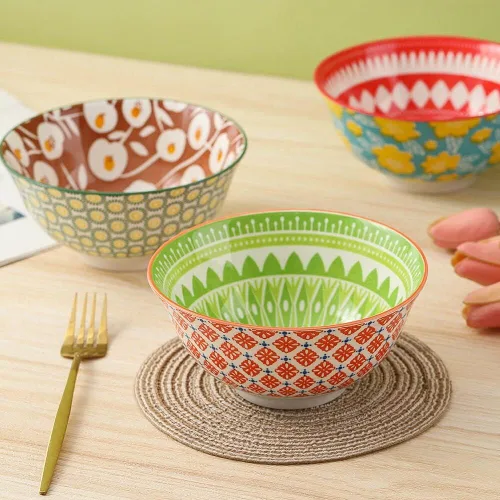 Miniatura 6 de Juego de Tazones de Porcelana para Sopa y Cereales - Tazones de Cerámica para Cocina de 23 oz - 6 Juegos de Tazones Coloridos con Patrones Lindos