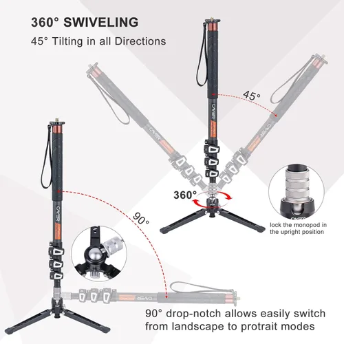 Miniatura 3 de Cayer Piernas monopié de fibra de carbono, cámara telescópica de 68 pulgadas con pies, compatible con cámaras réflex digitales y videocámaras