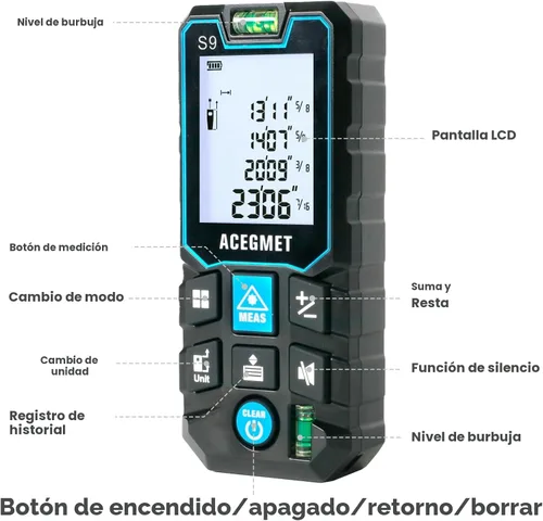 Miniatura 8 de Medición láser, herramienta de medición láser ACEGMET (229 pies/pulgadas/M) LCD retroiluminado con función de silencio medición de distancia láser