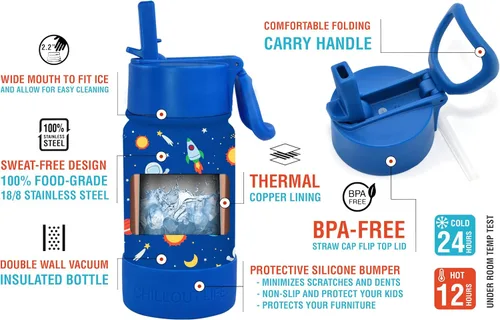 Miniatura 3 de CHILLOUT LIFE Botella de agua aislada para niños de 12 onzas para la escuela con tapa con pajita, a prueba de fugas y bonitas calcomanías Espacio