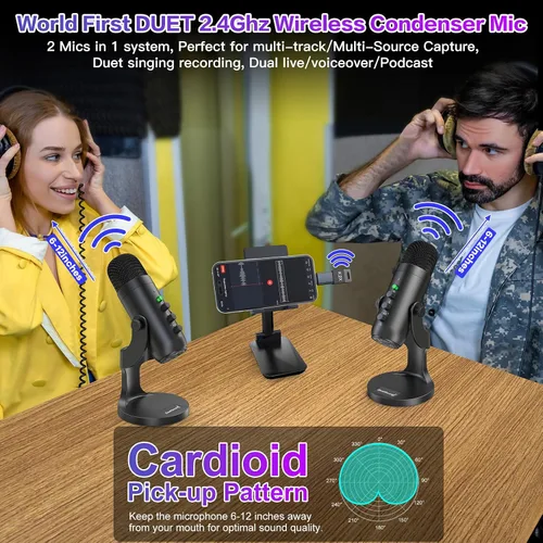 Miniatura 4 de ZealSound Micrófono de podcast, paquete de equipo de podcast para iPhone, PC, iPad Android, micrófono USB inalámbrico dual de 2.4 GHz con reducción