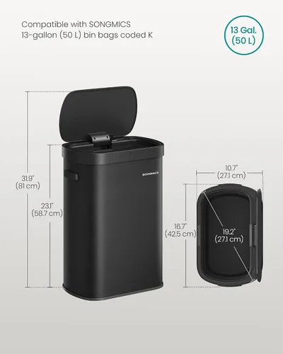 Miniatura 7 de SONGMICS Bote de basura automático con sensor de movimiento, 13 galones (50 L) con tapa de cierre suave, acero inoxidable, onda o táctil para abrir