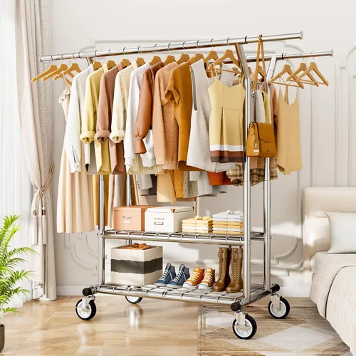 Miniatura 7 de HYSEYY Perchero de ropa resistente, perchero de ropa rodante con estantes con carga de 620 libras, percheros de ropa de doble barra para colgar