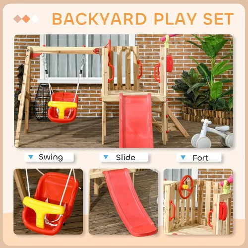 Miniatura 2 de Outsunny Juego de columpios para patio trasero, juego de madera para exteriores con asiento de columpio para bebé, tobogán para niños, fuerte, Rojo