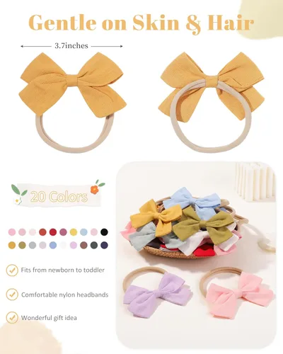 Miniatura 2 de Jollybows 20 diademas con lazo para el pelo, de nailon, bandas de lino elásticas, accesorios para el pelo para niñas, niños y bebés recién nacidos