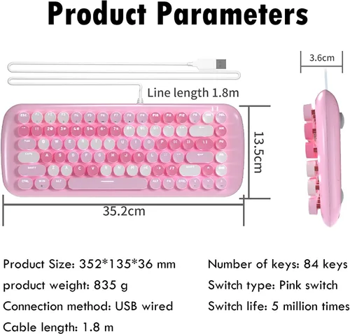 Miniatura 6 de Lomiluskr Lindo teclado mecánico con cable colorido para niñas y niños, teclas redondas, 84 teclas compactas, 10 efectos de iluminación Azul