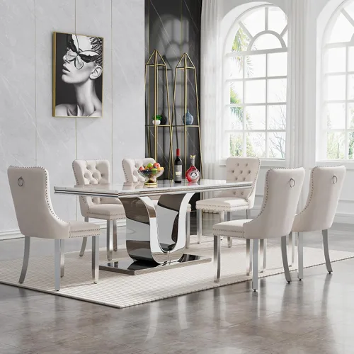 Miniatura 23 de Juego de mesa de comedor de mármol de lujo de 70 pulgadas para 4, juegos de mesa de cocina blanco y dorado para 4, mesa de comedor moderna de mármol