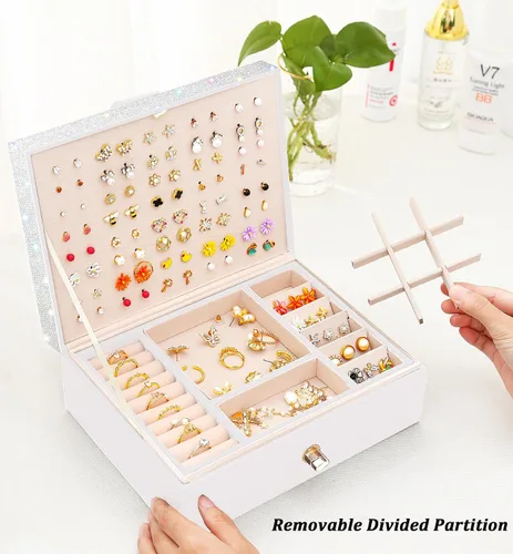 Miniatura 157 de Joyero de pendientes para mujeres y niñas, organizador de aretes de 5 capas, caja organizadora de joyas blanca con candado, collares y aretes