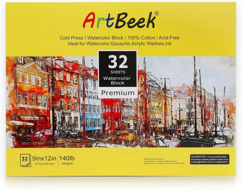 Miniatura 10 de ArtBeek Bloque de papel de acuarela, bloque de acuarela de 9 x 12 pulgadas, 32 hojas, 100% algodón, áspero 140 libras/10.58 oz/m²