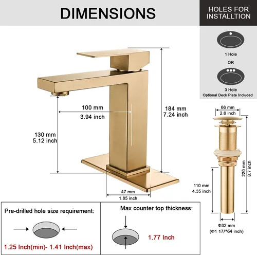 Miniatura 3 de AVSIILE llave de baño dorada cepillada, llave de baño dorada de un solo agujero, llave moderna de una sola manija de acero inoxidable para fregadero
