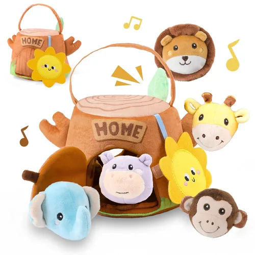 Miniatura 10 de Juguetes para bebés 6-12 meses – Mi pequeño volcán con 5 dinosaurios de peluche, juguete Montessori con sonajero, crujiente, silbato, juguetes