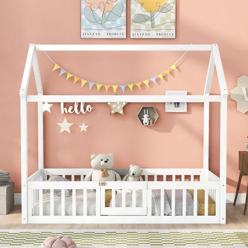 Miniatura 16 de Marco de cama para niños, marco de cama en forma de casa, cama de madera de tamaño individual con valla para niños, adolescentes, niñas, niños