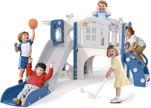 KORIMEFA Juego de toboganes 10 en 1 para niños pequeños, tobogán para bebés de 1 a 3 años con lanzamiento de anillos y aro de baloncesto, juego para