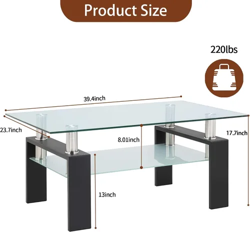 Miniatura 2 de Meihua Mesa de Centro de Vidrio Rectangular de 2 Niveles Mesa de Té Mesa de Centro Moderna para Sala de Estar Transparente