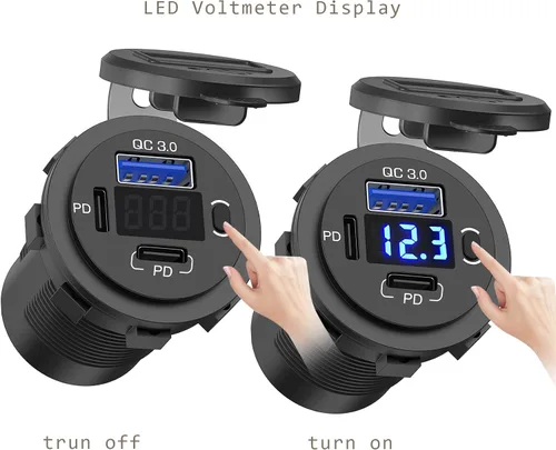 Miniatura 2 de Toma de corriente USB de 12 V, enchufe de cargador de coche USB C dual y puerto de carga rápida 3.0 con voltímetro e interruptor de alimentación
