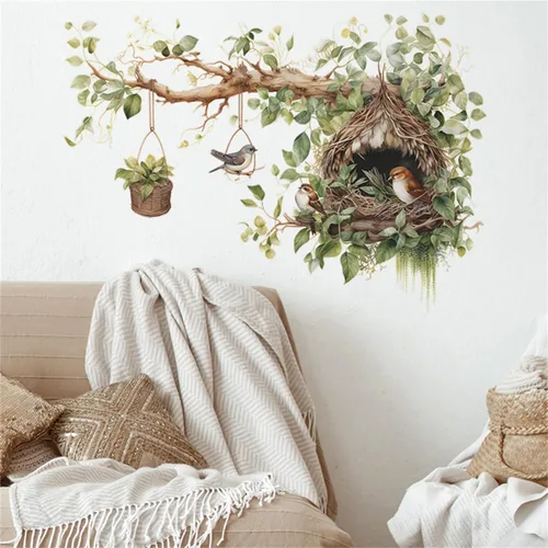 Miniatura 4 de Vinilo decorativo de nido de pájaro y rama de árbol, adhesivo decorativo de vinilo para pared de rama de árbol grande con diseño de cesta colgante