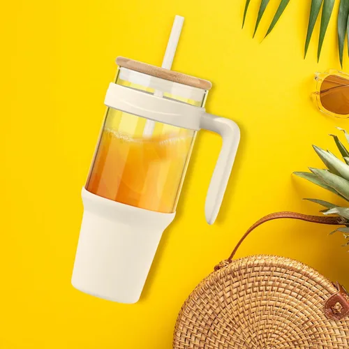 Miniatura 6 de Tronco Vaso de vidrio de 40 onzas con popote y tapa, taza de café helado reutilizable con asa, botellas de agua de vidrio para batidos, se adapta a
